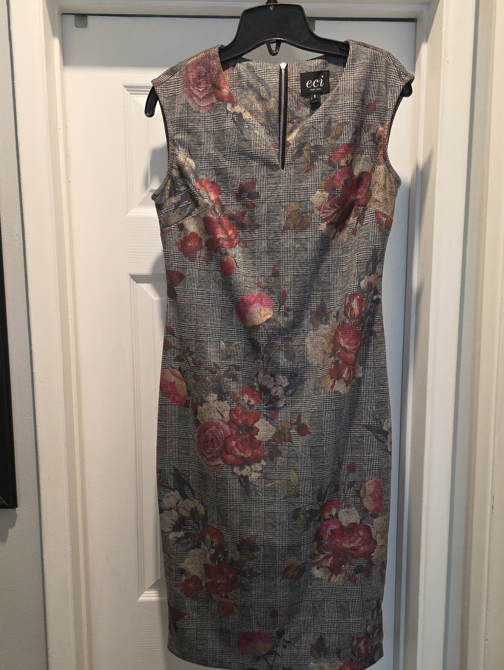 ECI Gray Plaid Midi Dress with Red and Pink Floral Print